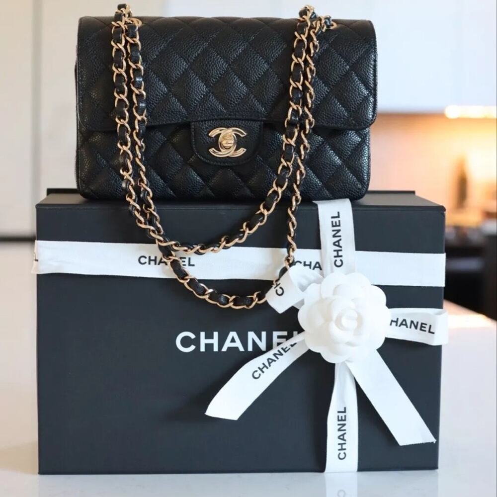 Chanel authentic 2021 Classic Small Black Caviar Flap Bag purse Gold chain
